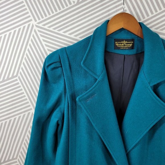 Vintage Long Coat size 6/8 Wool Trench Coat Winter duster Teal Double Breasted - Picture 3 of 10